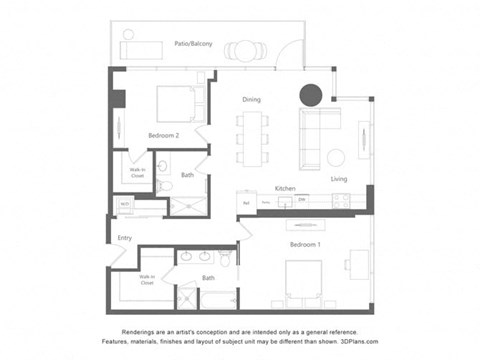 Floor plan for 2 beds, 2 baths, 1184 sqft